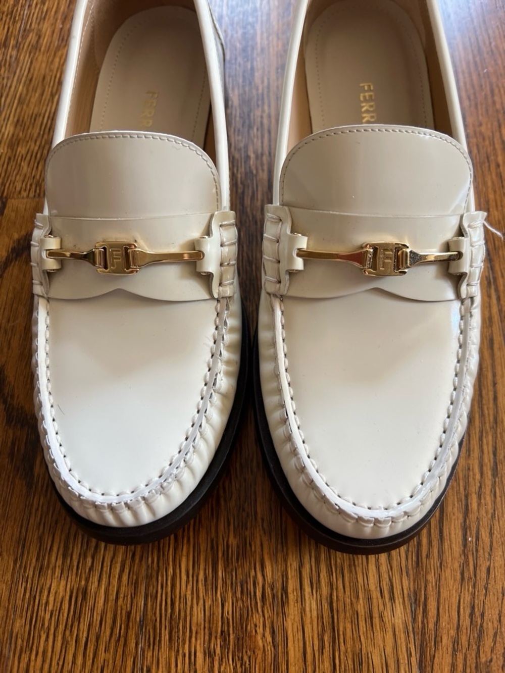 Ferragamo Ivory Patent Loafers with horse bit buckle detailing. Size 8. - Picture 3 of 11